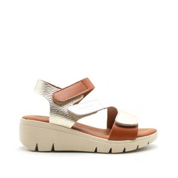 sandalias cuña mujer piel blanco dorado cuero lateral