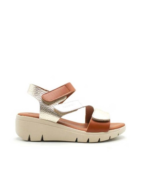 sandalias cuña mujer piel blanco dorado cuero lateral
