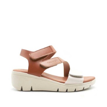 sandalias cuña mujer piel beige cuero velcro lateral