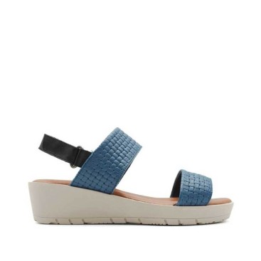 sandalia cuña azul de piel