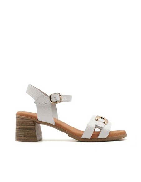 sandalia blanca tacon ancho mujer cadena dorada