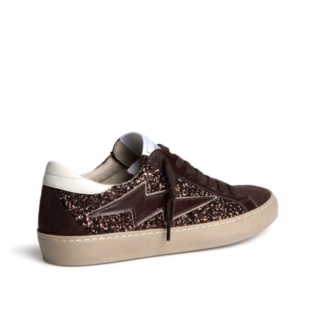 Zapatilla glitter mujer marrón Corina con rayo lateral vista trasera