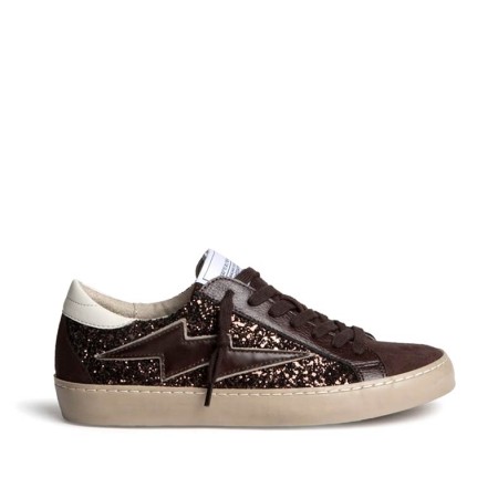 Zapatilla glitter mujer Corina Rayo marrón vista lateral con suela caramelo