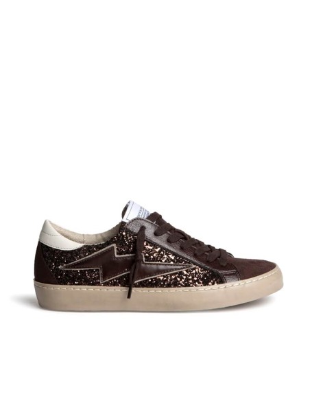 Zapatilla glitter mujer Corina Rayo marrón vista lateral con suela caramelo