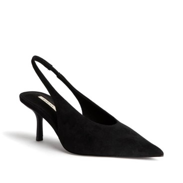 Zapato negro destalonado de tacón fino Corina en perspectiva frontal