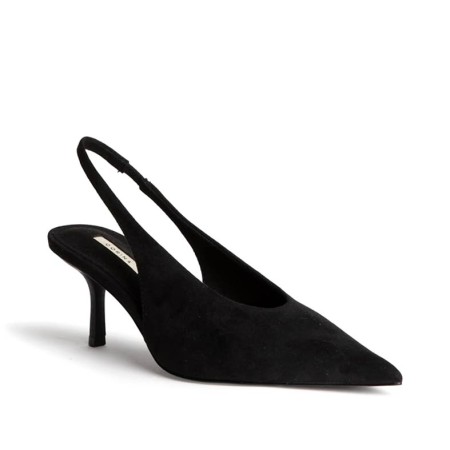 Zapato negro destalonado de tacón fino Corina en perspectiva frontal