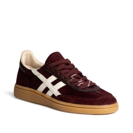 Zapatillas burdeos mujer con rayas blancas y suela caramelo