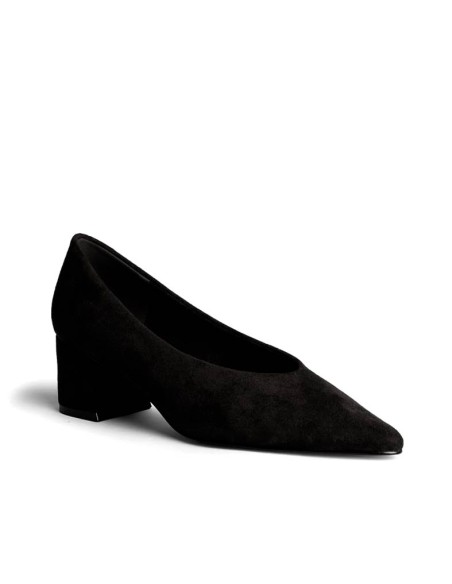 zapatos de salon negros de tacon ancho vista frontal lateral