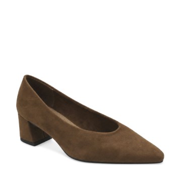 zapato salon camel mujer de tacon ancho vista frontal lateral