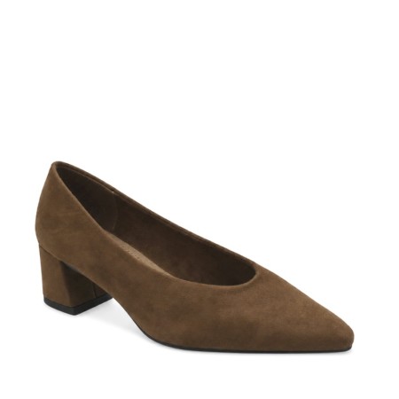 zapato salon camel mujer de tacon ancho vista frontal lateral