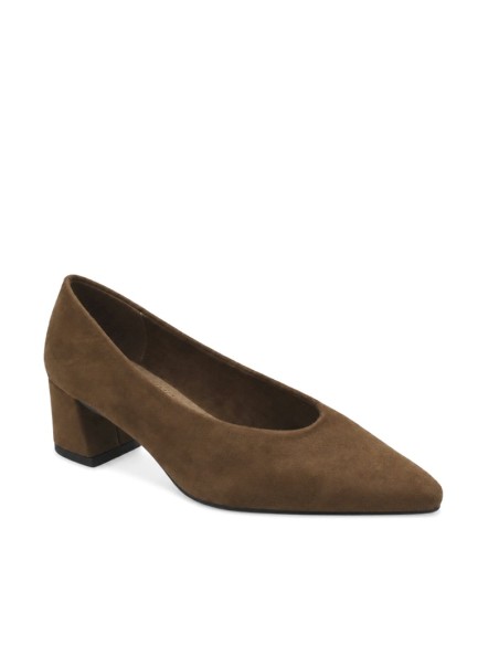 zapato salon camel mujer de tacon ancho vista frontal lateral