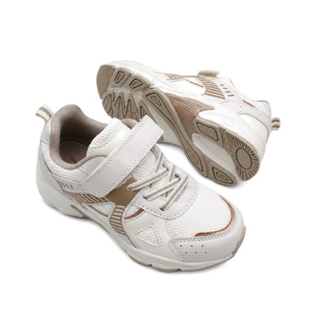 Deportivas niña blancas y beige con suela ligera y zonas de goma