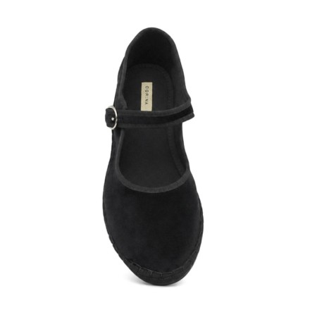 Vista superior de merceditas negras terciopelo mujer con pulsera ajustable.
