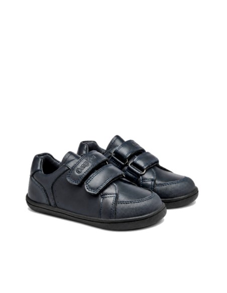 Vista lateral del zapato colegial barefoot niño azul marino Conguitos con cierre adherente