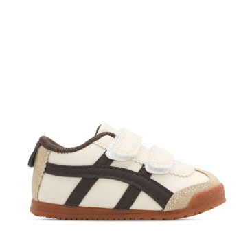 Zapatillas retro niño con velcro beige y detalles marrón chocolate vista lateral