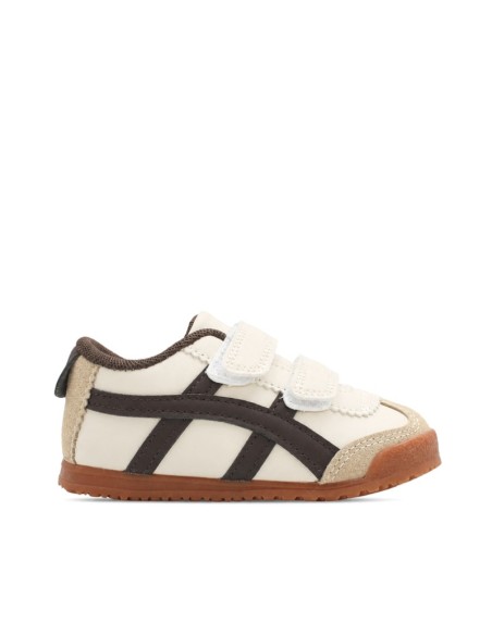 Zapatillas retro niño con velcro beige y detalles marrón chocolate vista lateral