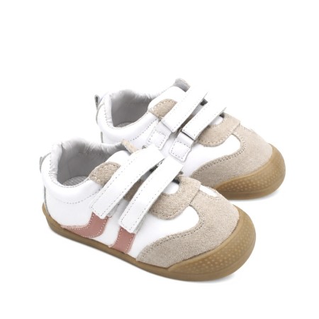 Zapatillas blancas beige y rosa niña barefoot con doble velcro vista superior