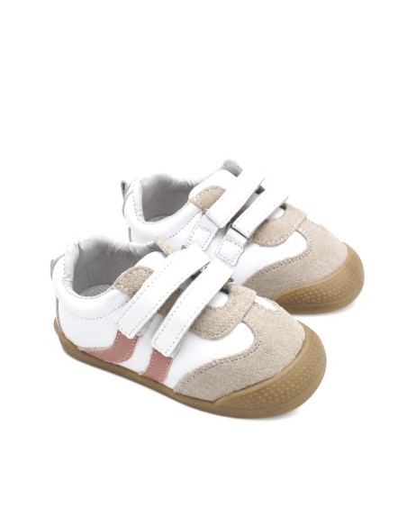 Zapatillas blancas beige y rosa niña barefoot con doble velcro vista superior
