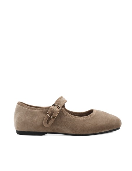 Mercedita taupe terciopelo niña con hebilla vista lateral