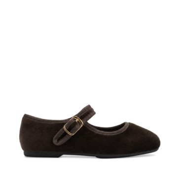 Mercedita marrón chocolate de terciopelo para niña vista lateral