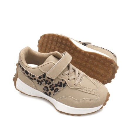 Zapatillas deportivas beige para niña con cordones elásticos y velcro