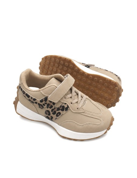 Zapatillas deportivas beige para niña con cordones elásticos y velcro