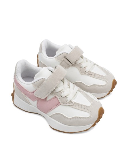Zapatillas casual niña con cordón elástico y N lateral rosa