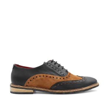 Zapatos Oxford brogue hombre en piel negra y serraje camel