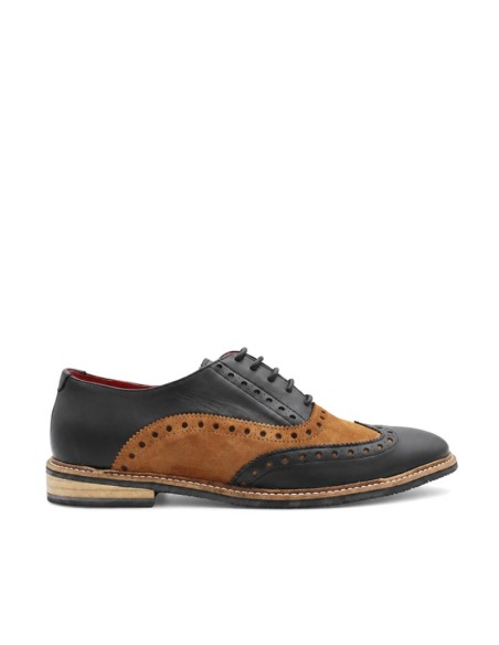 Zapatos Oxford brogue hombre en piel negra y serraje camel