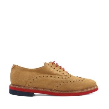 Zapatos piel serraje hombre color arena con cordones rojos