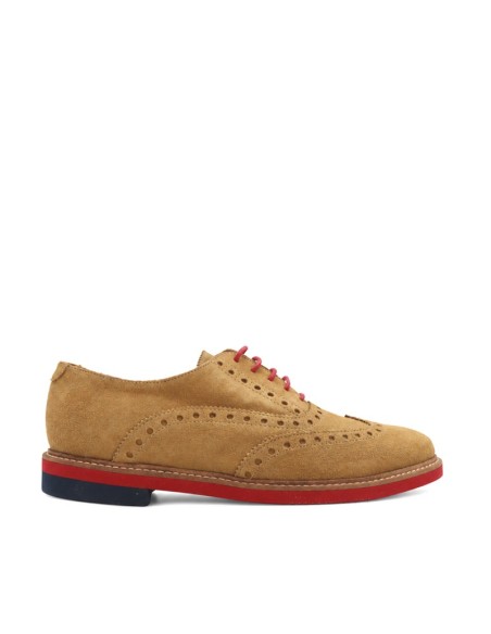 Zapatos piel serraje hombre color arena con cordones rojos
