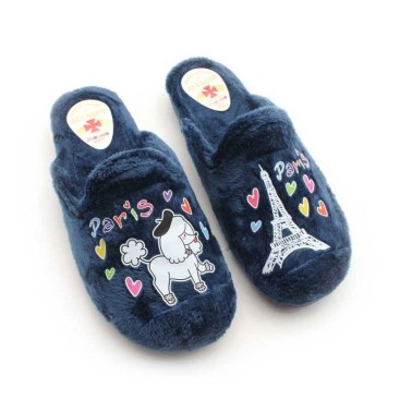 Zapatillas de casa mujer originales azul marino con dibujos de París