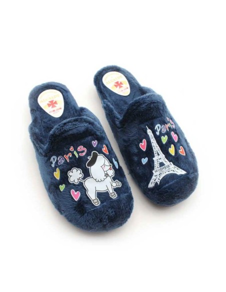Zapatillas de casa mujer originales azul marino con dibujos de París