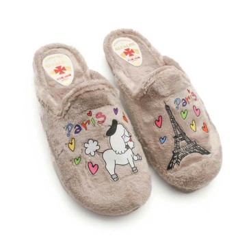Zapatillas Mujer Casa Invierno beige con dibujo de París y perrito