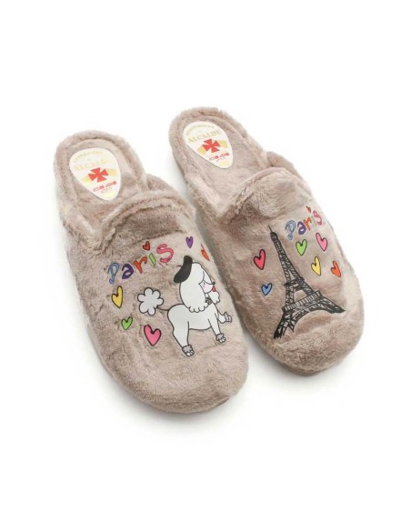 Zapatillas Mujer Casa Invierno beige con dibujo de París y perrito