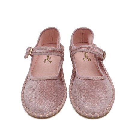 Zapato veneciano rosa para niña con acabado de terciopelo y ribete cosido