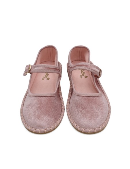 Zapato veneciano rosa para niña con acabado de terciopelo y ribete cosido