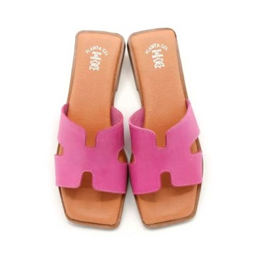 sandalias fucsias planas de piel para mujer