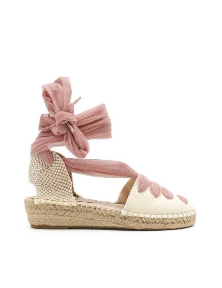 Esparteñas de comunión para niña en lona beige con detalles de tul rosa