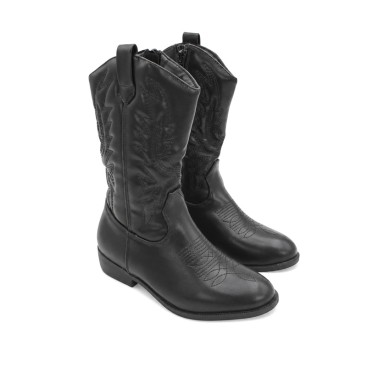 Bota cowboy niña negra vista lateral con tacón bajo