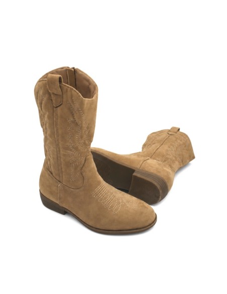 Botas de cowboy niña taupe con bordados western y suela de goma