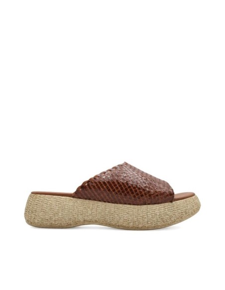 Zueco Marrón de Plataforma Toscana con piel trenzada camel y marrón