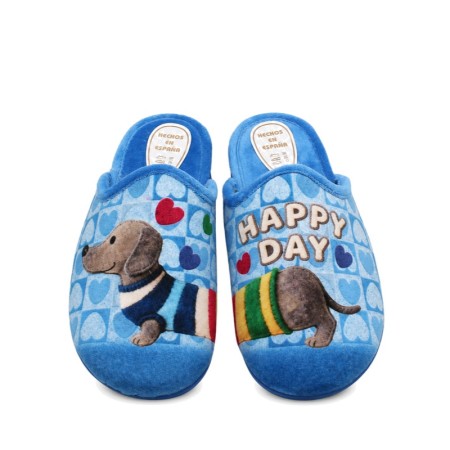 Zapatilla de casa perro salchicha azul