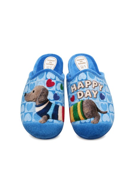Zapatilla de casa azul con perro salchicha mujer
