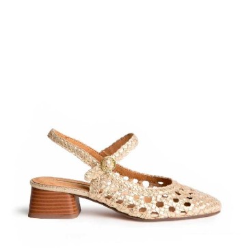 zapatos dorados tacon bajo mujer diseño trenzado