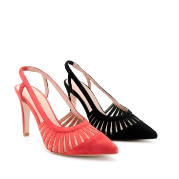 zapatos tacón negro y rojo de rejilla