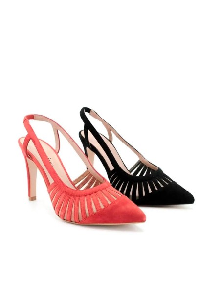 zapatos tacón negro y rojo de rejilla