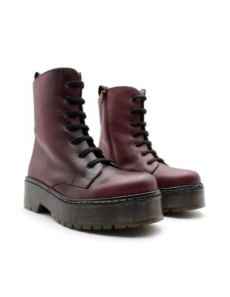 Bota militar de piel burdeos con cordones para mujer