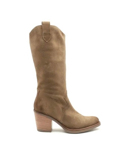 Bota cowboy de serraje taupe con tacón ancho para mujer
