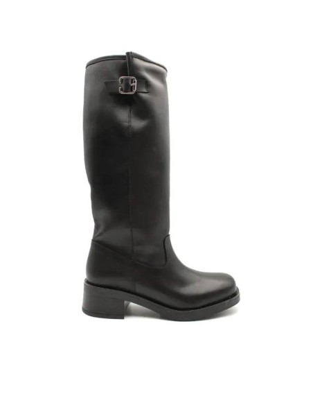 Bota de caña alta negra de piel con hebilla para mujer